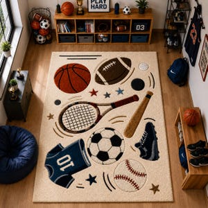 Op de afbeelding: Een rechthoekig vloerkleed met een crèmekleurige achtergrond en een sportief patroon met een basketbal, American football, tennisracket, honkbalknuppel, voetbal, honkbal, een donkerblauw shirt met het nummer 10, een sportschoen en diverse sterren.