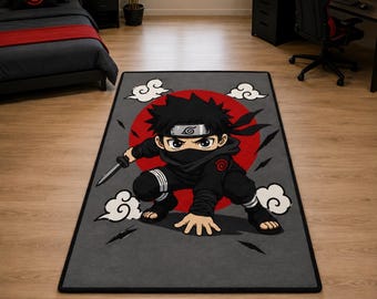 Tapis Anime Ninja Tufté Main, Décoration Japonaise Noir et Rouge, Tapis en Laine Fait Main