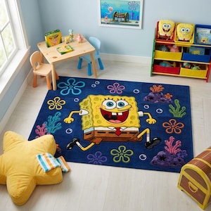 Op de afbeelding: Een rechthoekig vloerkleed met een grote, centrale afbeelding van SpongeBob SquarePants op een diepblauwe achtergrond. Het ontwerp bevat kleurrijk onderwaterkoraal, zeebloemen en bubbels die het personage omringen in een levendig, speels patroon.