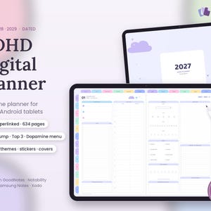 Peut inclure: Un planificateur numérique TDAH pour tablettes avec 634 pages hyperliées, 12 thèmes de couleurs, des autocollants et des couvertures. L'interface affiche une mise en page quotidienne avec des sections pour les notes, les priorités et un menu dopamine.