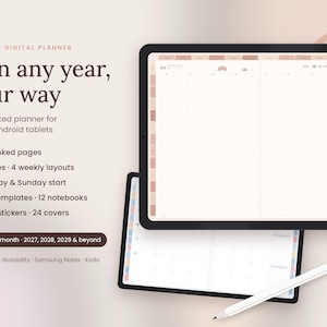 Peut inclure: Un agenda numérique non daté affiché sur deux tablettes avec un stylet. Le texte inclut Plan any year, your way, 709 linked pages, 8 styles, 4 weekly layouts, Monday & Sunday start, 30+ templates, 12 notebooks, 1,455 stickers, 24 covers et Marravie.