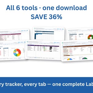 May include: A digital collection of six spreadsheet tools displayed as individual dashboard windows. The text reads: All 6 tools · one download SAVE 36% and Every tracker, every tab — one complete Lab OS. The screens show data tables and charts.