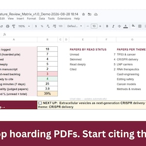 May include: A digital spreadsheet titled Literature_Review_Matrix_v1.0_Demo 2026-08-28 18:14 tracking academic papers with columns for status, counts, and themes including TP53 & cancer and CRISPR delivery, with the text Stop hoarding PDFs. Start citing them.