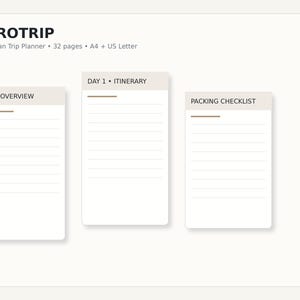 Può includere: Un pianificatore di viaggio Eurotrip di 32 pagine nei formati A4 e US Letter. Il layout presenta tre sezioni rettangolari bianche con intestazioni beige etichettate Trip Overview, Day 1 Itinerary e Packing Checklist, ciascuna con linee orizzontali.