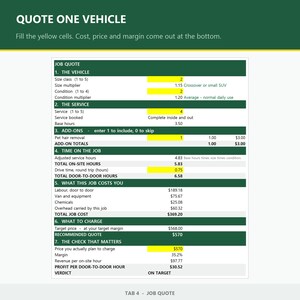 May include: A digital job quote spreadsheet for vehicle services with a dark green header reading QUOTE ONE VEHICLE. The form includes sections for vehicle size, service details, add-ons, time calculations, costs, and a final recommended quote.