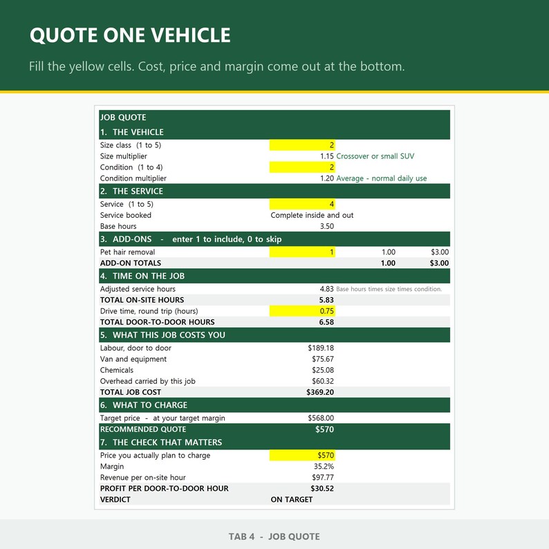 May include: A digital job quote spreadsheet for vehicle services with a dark green header reading QUOTE ONE VEHICLE. The form includes sections for vehicle size, service details, add-ons, time calculations, costs, and a final recommended quote.