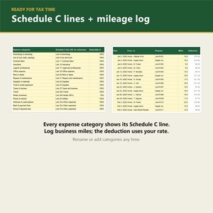 K&ouml;nnte beinhalten: Eine digitale Steuervorbereitungsvorlage mit einer Tabelle f&uuml;r Ausgabenkategorien nach Schedule C und einem Fahrtenbuch f&uuml;r gesch&auml;ftliche Zwecke. Das Dokument enth&auml;lt &Uuml;berschriften und Anweisungen zur Erfassung von Meilen.