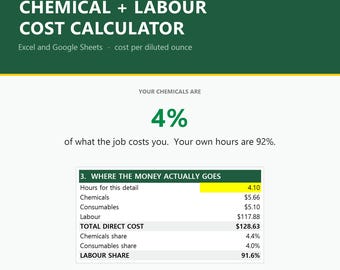 Detailing Chemical Cost Calculator | Car Detailing Supply Cost Template | Auto Detail Dilution Ratio Spreadsheet | Excel + Google Sheets