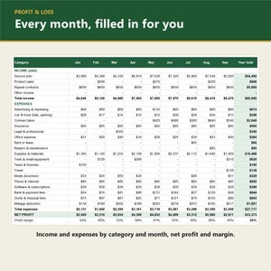K&ouml;nnte beinhalten: Eine Gewinn- und Verlustrechnung mit dem Titel 'Every month, filled in for you', die Finanzdaten, unterteilt in Einnahmen und Ausgaben von Januar bis September, sowie eine Jahressumme und den Nettogewinn anzeigt.