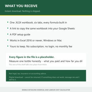 Peut inclure: Une fiche d'information sur un produit num&eacute;rique intitul&eacute;e WHAT YOU RECEIVE. Elle liste le contenu, dont un classeur XLSX &agrave; six onglets, un lien Google Sheets et un guide de configuration PDF. Elle mentionne la compatibilit&eacute; avec Excel 2016.