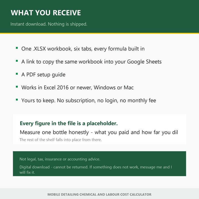 Peut inclure: Une fiche d'information sur un produit num&eacute;rique intitul&eacute;e WHAT YOU RECEIVE. Elle liste le contenu, dont un classeur XLSX &agrave; six onglets, un lien Google Sheets et un guide de configuration PDF. Elle mentionne la compatibilit&eacute; avec Excel 2016.