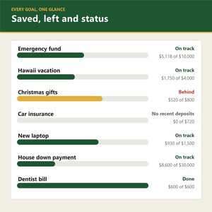 May include: A financial tracking dashboard titled Every Goal, One Glance: Saved, left and status. It lists goals like Emergency fund, Hawaii vacation, Christmas gifts, Car insurance, New laptop, House down payment, and Dentist bill with progress bars.