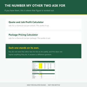 Peut inclure: Un graphique informatif num&eacute;rique avec un en-t&ecirc;te vert fonc&eacute; indiquant THE NUMBER MY OTHER TWO ASK FOR. Il r&eacute;pertorie un calculateur de devis et de profit de travail et un calculateur de prix de forfait, suivis d'un tableau sur le co&ucirc;t par once.