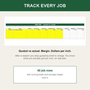 K&ouml;nnte beinhalten: Eine digitale Job-Log-Tabellenvorlage mit einer gr&uuml;nen Kopfzeile mit der Aufschrift TRACK EVERY JOB. Die Tabelle enth&auml;lt Spalten f&uuml;r Date, Client, Stumps, Dia-Inches, Quoted $, Estimated Cost, Actual Cost, Profit $, Margin % und $ / inch (all in).