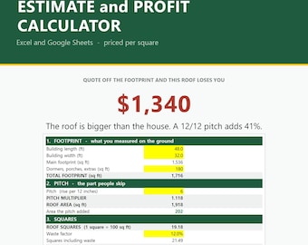 Roofing Estimate Calculator | Roof Repair Bid & Profit Template | Contractor Price Per Square Spreadsheet | Excel + Google Sheets