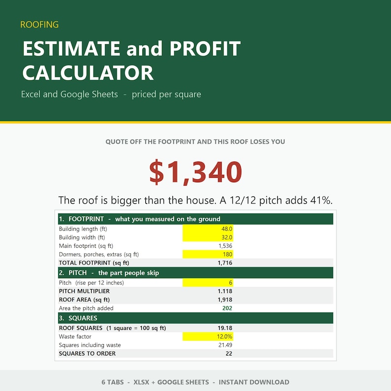May include: A digital roofing estimate and profit calculator spreadsheet for Excel and Google Sheets. The interface features a dark green header with white text, a central red dollar amount, and a detailed table with yellow input cells.