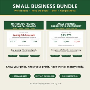 May include: A digital small business bundle featuring a handmade product pricing calculator and a bookkeeping spreadsheet for Excel and Google Sheets. The graphic displays financial data, profit margins, and tax calculations in green and white.
