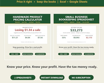 Small Business Spreadsheet Bundle | Bookkeeping Template, Etsy Pricing Calculator, Tax Set Aside