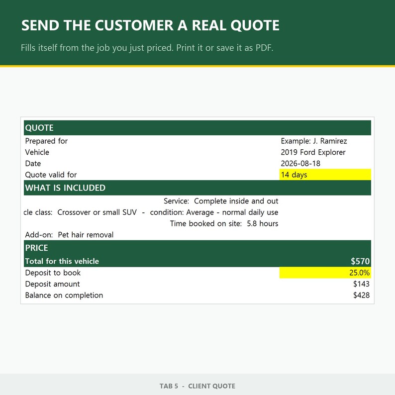 May include: A digital quote template featuring a dark green header with the text SEND THE CUSTOMER A REAL QUOTE. The form includes fields for vehicle details, service descriptions, pet hair removal add-ons, and a price breakdown with a $570 total.