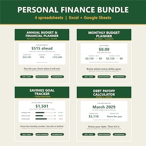 May include: A personal finance bundle featuring four digital spreadsheets for Excel and Google Sheets. The layout includes an annual budget and financial planner, a monthly budget planner, a savings goal tracker, and a debt payoff calculator.