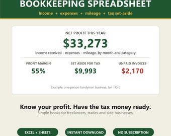 Small Business Bookkeeping Spreadsheet | Income and Expense Tracker, Profit and Loss, Tax Set Aside