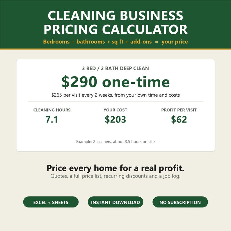 Cleaning Business Pricing Calculator | House Cleaning Price List Spreadsheet, Quote and Profit Template (Excel) image 1