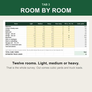 May include: A digital chart titled TAB 3 ROOM BY ROOM displaying a table with columns for room types, volume levels, quantity, fill type, and cubic yards. The table includes rows for various rooms like bedroom, kitchen, and garage, with a total of 76.0 cubic yards.