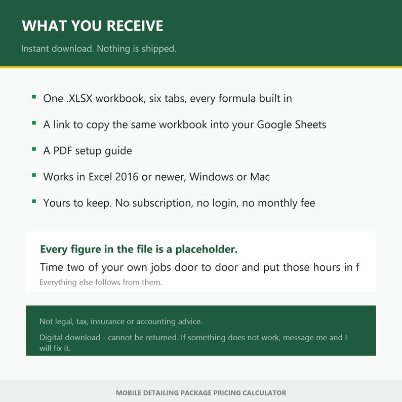 May include: A digital mobile detailing package pricing calculator document. The text includes: WHAT YOU RECEIVE, One .XLSX workbook, six tabs, every formula built in, A link to copy the same workbook into your Google Sheets, A PDF setup guide.