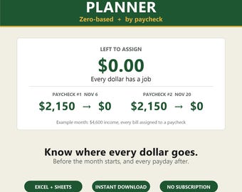 Monthly Budget Spreadsheet | Zero Based Budget by Paycheck Planner, Biweekly Bill Tracker (Excel + Google Sheets)