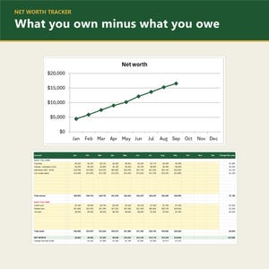 May include: A net worth tracker template featuring a green header with the text NET WORTH TRACKER and What you own minus what you owe. It includes a line graph showing monthly growth and a detailed spreadsheet table with financial data.