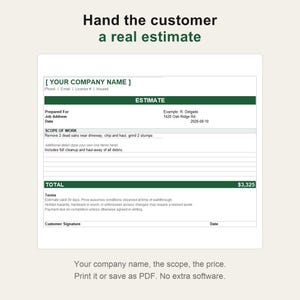 Puede incluir: Una plantilla de presupuesto digital con el texto Hand the customer a real estimate en la parte superior. El formulario incluye campos para el nombre de la empresa, direcci&oacute;n, alcance del trabajo y un total de $3,325. El texto inferior dice Your company name, the scope, the price. Print it or save as PDF. No extra software.