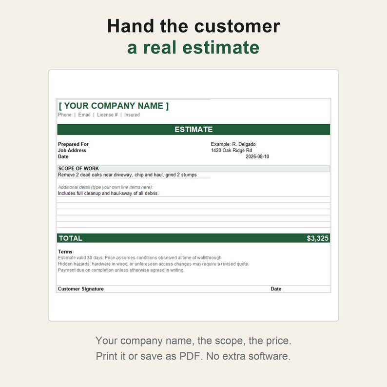 Puede incluir: Una plantilla de presupuesto digital con el texto Hand the customer a real estimate en la parte superior. El formulario incluye campos para el nombre de la empresa, direcci&oacute;n, alcance del trabajo y un total de $3,325. El texto inferior dice Your company name, the scope, the price. Print it or save as PDF. No extra software.