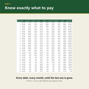 May include: A debt repayment schedule chart titled STEP 2 Know exactly what to pay. The table lists months from Nov 2026 to Mar 2029 with columns for Credit Card A, Credit Card B, Car Loan, Store Card, Personal Loan, Medical Bill, Total paid, and Debt left after.