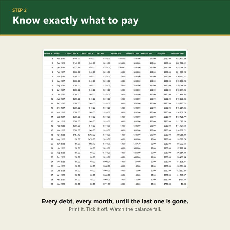 May include: A debt repayment schedule chart titled STEP 2 Know exactly what to pay. The table lists months from Nov 2026 to Mar 2029 with columns for Credit Card A, Credit Card B, Car Loan, Store Card, Personal Loan, Medical Bill, Total paid, and Debt left after.