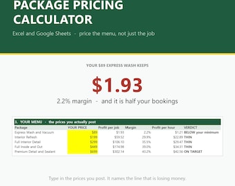 Detailing Package Pricing Calculator | Car Detailing Price List Template | Mobile Detail Menu Margin Spreadsheet | Excel + Google Sheets