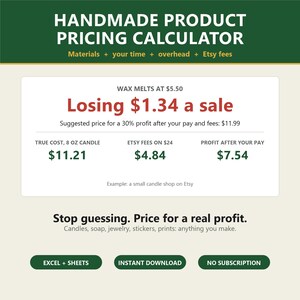 May include: A digital handmade product pricing calculator template featuring a green header with white text. The interface displays financial data for wax melts, candle costs, Etsy fees, and profit margins, with buttons for Excel, Sheets, and download.