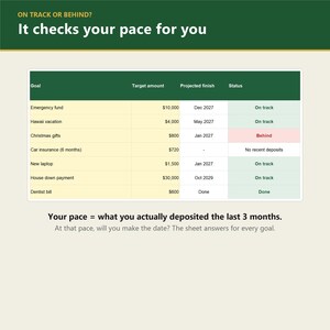 May include: A financial tracking table titled ON TRACK OR BEHIND? It checks your pace for you. The table lists goals like Emergency fund and Hawaii vacation with target amounts, projected finish dates, and status indicators in green, red, and white.
