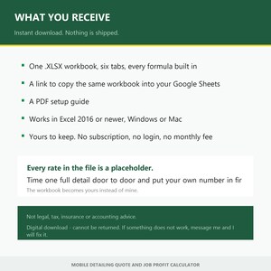 May include: A digital document titled WHAT YOU RECEIVE detailing a mobile detailing quote and job profit calculator. It lists an XLSX workbook with six tabs, a Google Sheets link, and a PDF guide compatible with Excel 2016 or newer on Windows or Mac.
