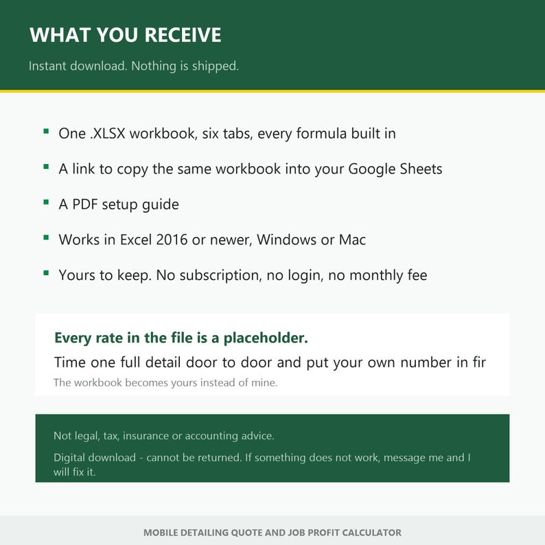 May include: A digital document titled WHAT YOU RECEIVE detailing a mobile detailing quote and job profit calculator. It lists an XLSX workbook with six tabs, a Google Sheets link, and a PDF guide compatible with Excel 2016 or newer on Windows or Mac.