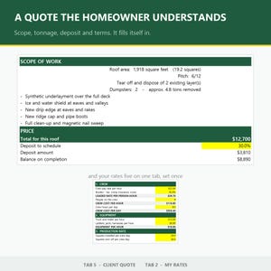 May include: A digital document titled A QUOTE THE HOMEOWNER UNDERSTANDS, displaying a roof scope of work with 1,918 square feet, a price of $12,700, and a secondary section detailing crew, equipment, and production rates on a white background.