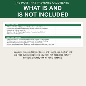 May include: A white informational chart with green headers titled THE PART THAT PREVENTS ARGUMENTS WHAT IS AND IS NOT INCLUDED. The table lists services included and excluded for waste removal, with text below explaining that these terms are written.
