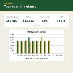 May include: A financial dashboard titled Your year at a glance displaying metrics including Planned Income of $58,600, So Far $43,183, Saving Rate 13%, and Forecast +$515. A bar chart titled Money in vs money out compares monthly income and spending.