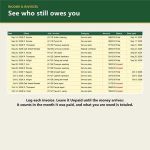 K&ouml;nnte beinhalten: Eine digitale Einnahmen- und Rechnungstabelle mit dem Titel Income & Invoices: See who still owes you. Die Tabelle listet Daten, Kunden, Auftragsnummern, Kategorien, Betr&auml;ge und Zahlungsstatus auf, mit Anweisungen zum Protokollieren.