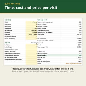 Cleaning Business Pricing Calculator | House Cleaning Price List Spreadsheet, Quote and Profit Template (Excel) image 2