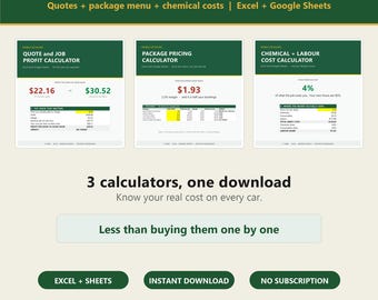 May include: A digital mobile detailing bundle featuring three calculators for Excel and Google Sheets: Quote and Job Profit, Package Pricing, and Chemical and Labour Cost. The graphic includes text: 3 calculators, one download, Know your real cost on every car, Less than buying them one by one, Excel + Sheets, Instant Download, No Subscription.