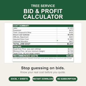 Puede incluir: Una plantilla de hoja de c&aacute;lculo digital Tree Service Bid & Profit Calculator. La interfaz muestra una tabla de resumen de costos con mano de obra, equipo y gastos de viaje, junto con una secci&oacute;n de precios para presupuestos de equilibrio y margen.
