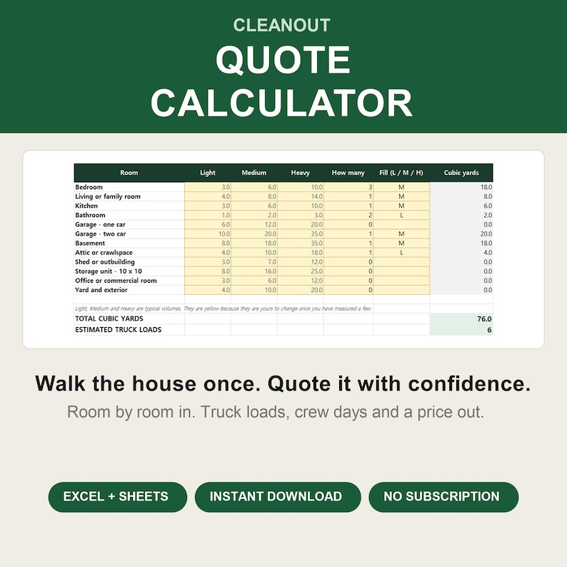 May include: A Cleanout Quote Calculator spreadsheet template featuring a table with columns for room types, load volumes, and cubic yards. Text includes 'Walk the house once. Quote it with confidence.' and buttons for Excel + Sheets, Instant Download.