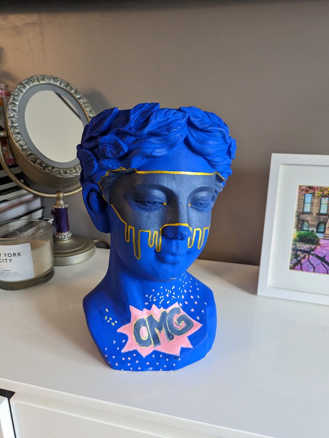 Hand Painted Bust Sculpture Blue Pop Art Etsy