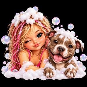 May include: A digital illustration of a winking girl with blonde hair featuring pink highlights and a brown and white puppy, both covered in white soap bubbles. The girl wears a pink top, and the puppy has its mouth open with its tongue out.