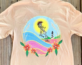 bertha surfs tee - outer banks / grateful dead inspired t-shirt - surfing skeleton shirt - cape hatteras lighthouse - obx tshirt